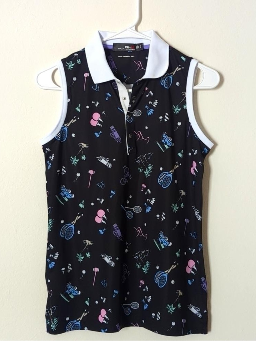 Girls' Sleeveless Polo Shirt - Black with Multi-Color Tennis Print